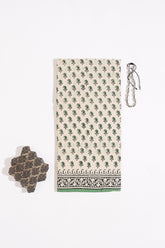Ivory/Green Pure Cotton Mul Hand Block Saree